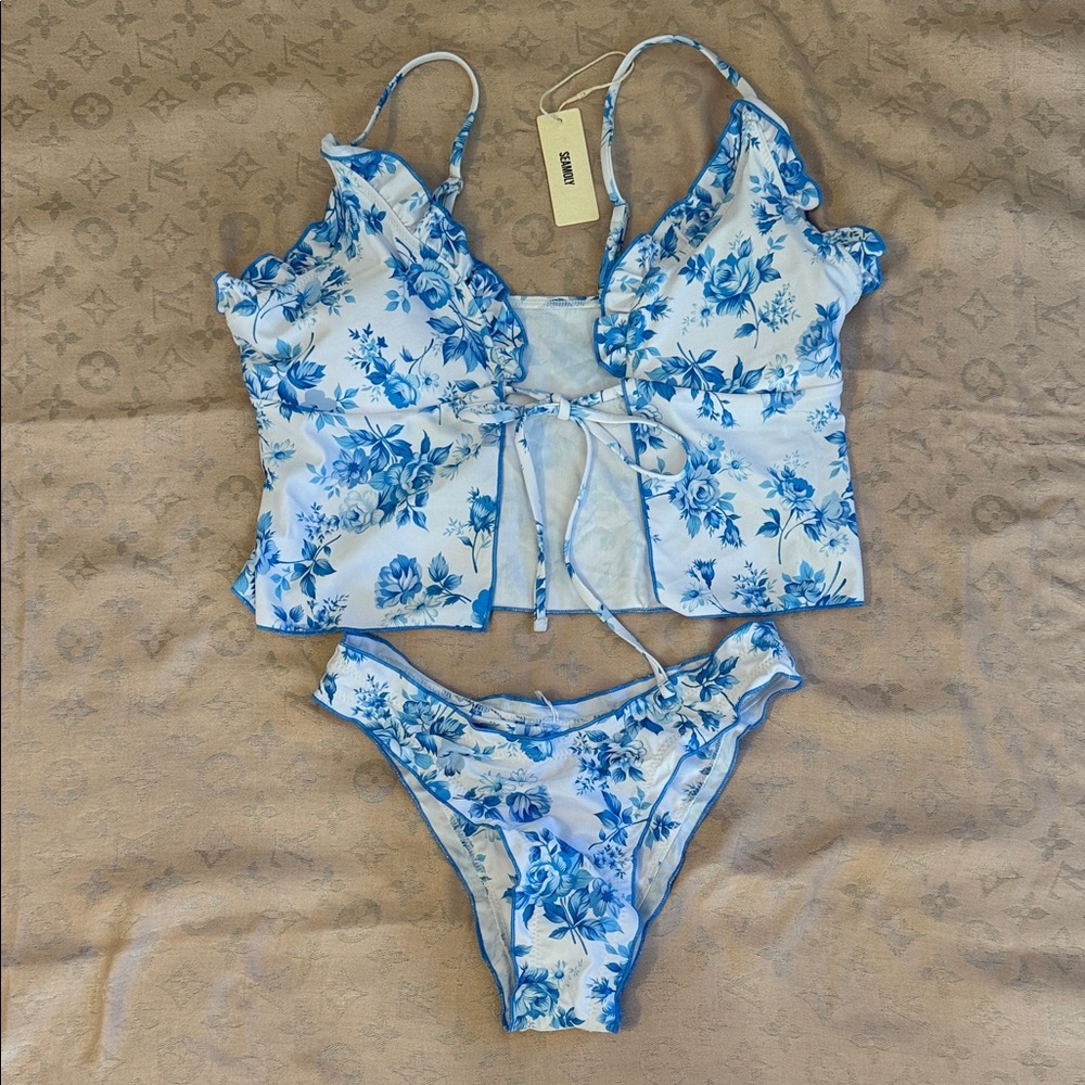 Blue Floral Tie-Front Bikini Set with Ruffle Trim - Unbranded
